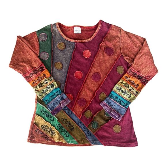 Greater Good Patchwork Boho Top L/XL Nepal Cotton Long Sleeve Festival - Picture 1 of 6